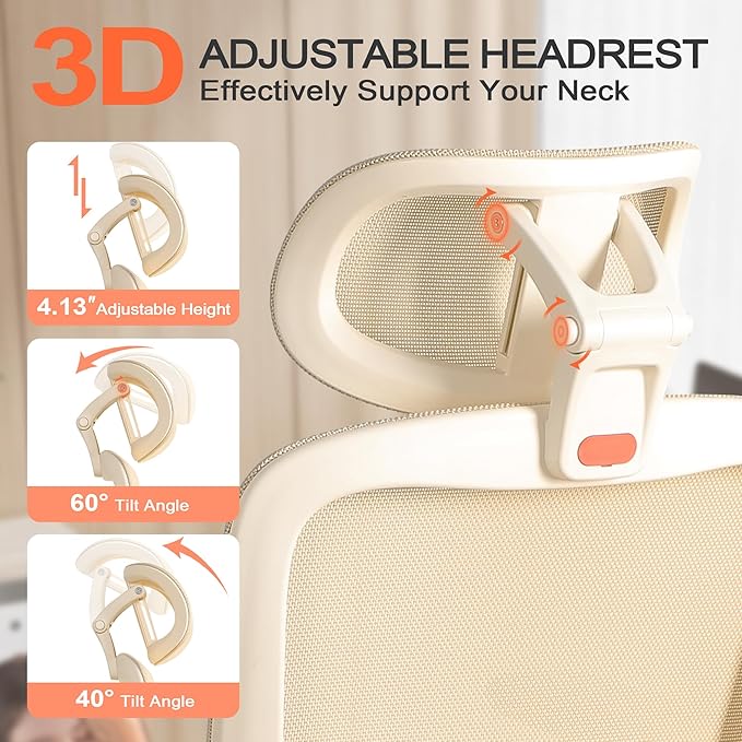 Ergonomic Office Chair with 4D Flip-Up Arms & Footrest, Mesh Desk Gaming Chair with 3D Headrest & 2D Floating Wing Lumbar Support, High Back Computer Chair for Home Office Vanity, Beige