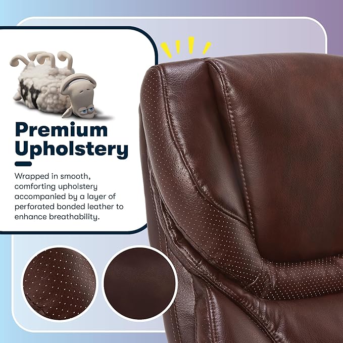 Serta Conway Big & Tall Executive Office Chair, Ergonomic High-Back with Adjustable Lumbar, Semi Plush Cushion and Body Pillows, Padded Armrests, Wooden Swivel Base, Bonded Leather, Chestnut Brown