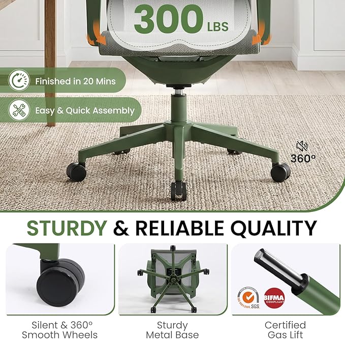 LuxErgo Ergonomic Mesh Office Chair, Mid Back Desk Chair with Lumbar Support & Armrests, Height Adjustable, 115° Recline, 360° Swivel Rolling Task Chairs for Home Office, Green