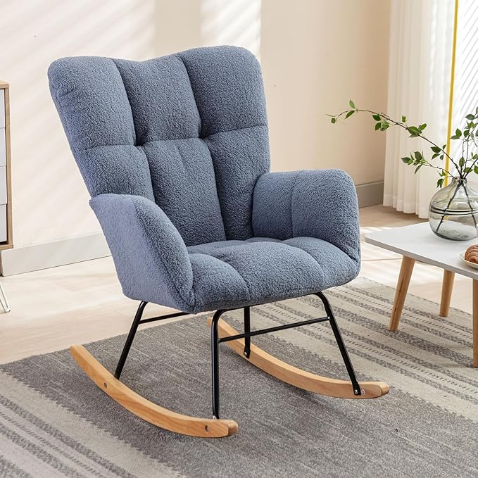 FOXHUNTER Rocking Chair Nursery Teddy Upholstered Glider Rocker High Backrest Nursery Rocker Comfortable Stylish Accent Armchair for Living Rooms Bedrooms Offices (Teddy Light Blue)