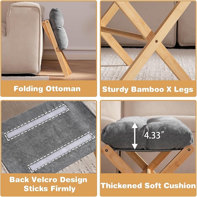 Baveke Folding Upholstered Footrest Stool, Small Accent Ottoman with Thick Cotton Cushion & Bamboo X Legs, Modern Padded Sofa Stool for Makeup Bedroom Living Room, Grey
