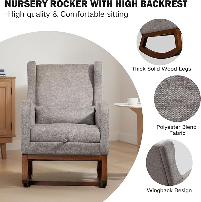 Chifee & Vingol Rocking Chair Nursery with Foot Rest & Pillow,Polyester,Light Grey