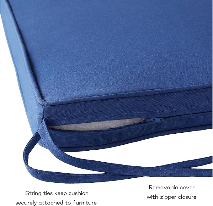 Outdoor 18 inch Square Patio Dining Chair Pads – Comfortable Fiber-Filled Seat Cushions with Ties, Reversible Polyester Fabric - Marine Blue, Set of 4