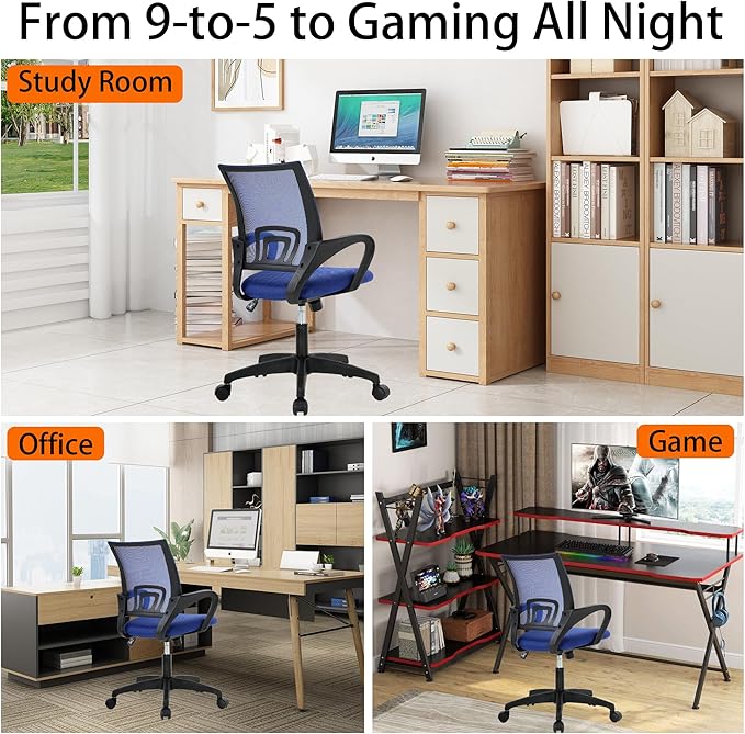 Mesh Office Chair with Adjustable Lumbar - Ergonomic Desk Chair, High-Density Foam Seat & Fixed Armrests, Durable 5-Star Base, PVC Base, Blue
