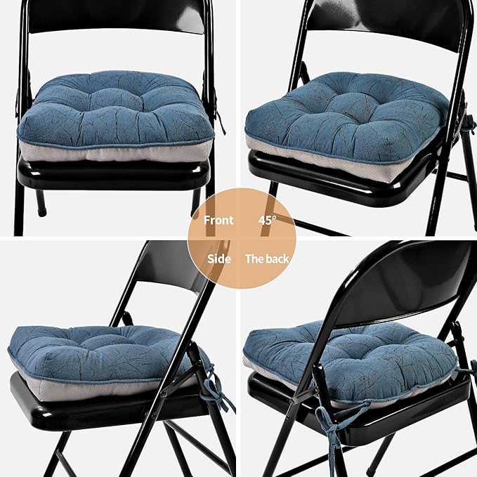 Marble Pattern 3" Chair Cushion for Dining Chair, Filling Bite-Size Memory Foam U-Shaped Seat Cushions for Kitchen Chairs, Non-Slip Indoor Chair Pad with Ties, Set of 4, Blue