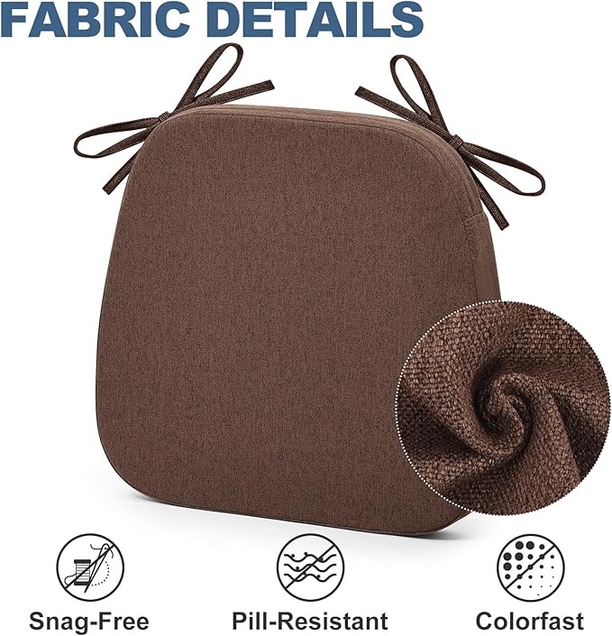 Shinnwa Dining Chair Cushion, Non-Slip Kitchen Chair Cushion with Detachable Straps and Machine Washable Cover, 17x16x2in, Brown