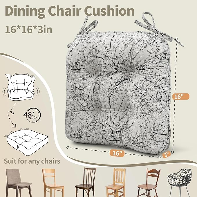 Marble Pattern 3" Chair Cushion for Dining Chair, Filling Bite-Size Memory Foam U-Shaped Seat Cushions for Kitchen Chairs, Non-Slip Indoor Chair Pad with Ties, Set of 4, White