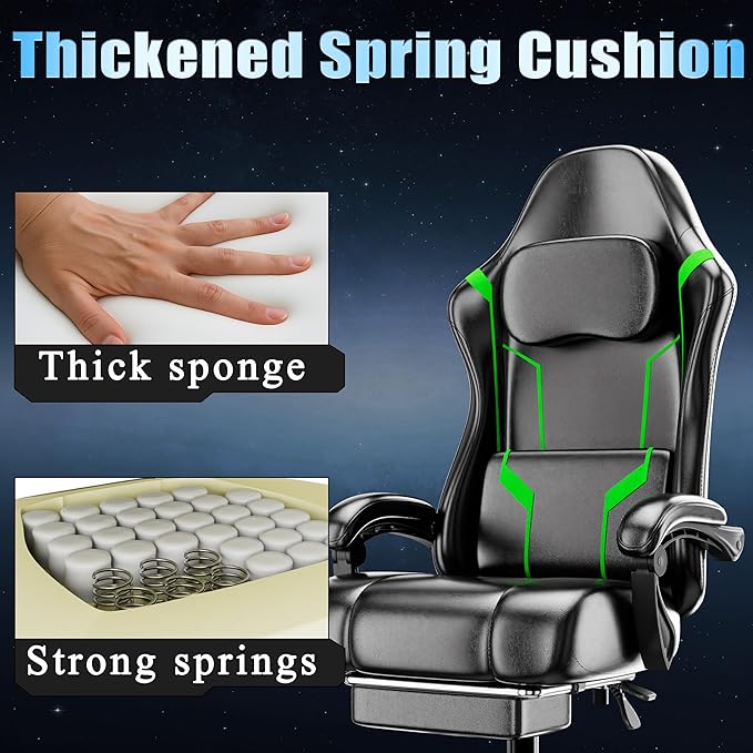 Ergonomic Gaming Chair, Video Game Chair with Pocket Spring Cushion and Footrest, Height Adjustable Computer Chair with Swivel Seat and Headrest (Green)