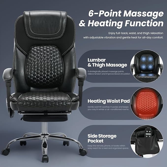 MALOL Massage Office Chair with Heat and Footrest - 3-Level 65°C Targeted Heating, 20-Min Easy Assembly Leather Desk Chair, Big and Tall Executive Computer Chair with Side Pocket, 300 lbs, Black