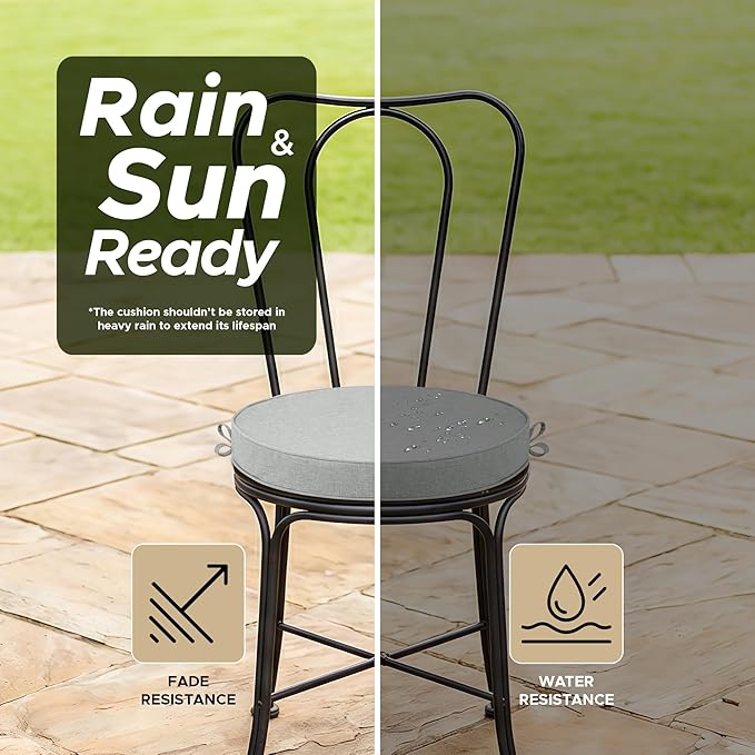 Outdoor Round Chair Cushions 18 Inch, Fade-Resistant & Water-Resistant, Bistro Chair Seat Pads for Porch Garden Balcony Patio Furniture Stools, Non-Slip Bottom, Set of 2, Light Grey