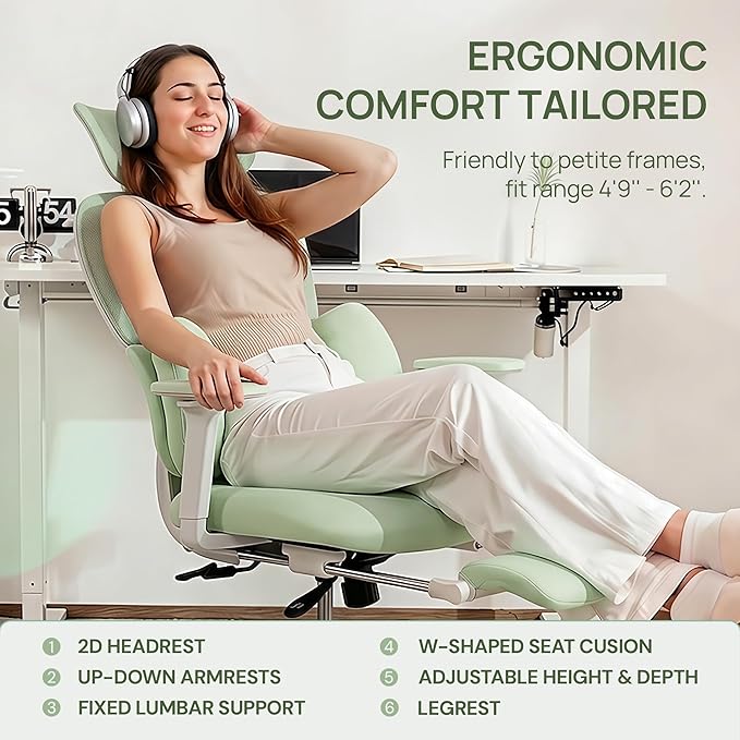CabLady S1 Petite Ergonomic Home Desk Chair with Footrest and Headrest, High Back Fixed Lumbar Support with Detachable Pillow, Reclining Cute Office Chair for Women & Girls, 300 LBS Capacity
