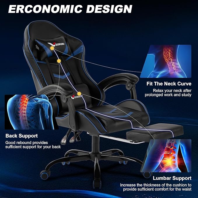 Gaming Chair for Adults, Ergonomic Gamer Chair with Footrest, Spring Pocket Cushion, Computer Office Desk Reclining Chair with Enlarged Metal Base, Linkage Armrests, Lumbar & Headrest (Blue)