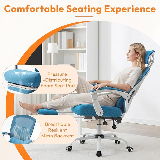 Ergonomic Desk Chair, High Back Office Chair with Wheels and Arms, Computer Chair with Footrest, Swivel Reclining Gaming Chair with Headrest, Comfy Armrest for Home, Office, Work, Study, Blue