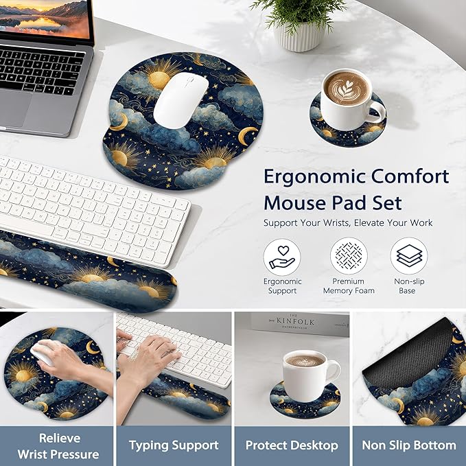 Starry Night Keyboard Wrist Rest Pad Ergonomic Mouse Pad Set,Sun Moon 3 in 1 Memory Foam Mouse Pad with Non Slip Base for Office and Home