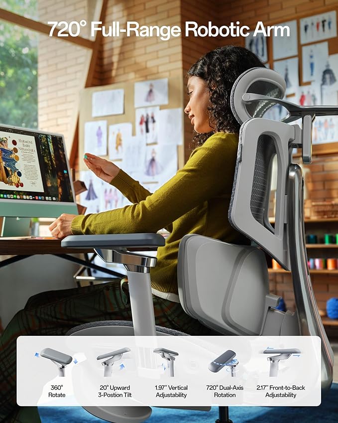 Hbada X7 Smart Ergonomic Chair, Office Chairs, Fully Automated Lumbar Tracking, 4D Adjustable Headrest, 720° Adjustable Armrests, Ventilated Seat Cushion, Swivel, Grey