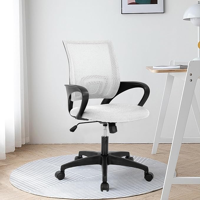 Office Chair,Work Chairs for Home Office,Ergonomic Desk Chair with Lumbar Support,Mesh Office Chair with Arm and Wide Comfortable Seat,Adjustable Rolling Office Chair,White