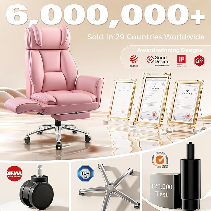 Big and Tall Office Chair, Flip Armrests for Cross Legged Sitting, Ergonomic Leather Executive Desk Chair with Foot Rest, High-Back Reclining Computer Chair for Office Home Game - Peach Pink