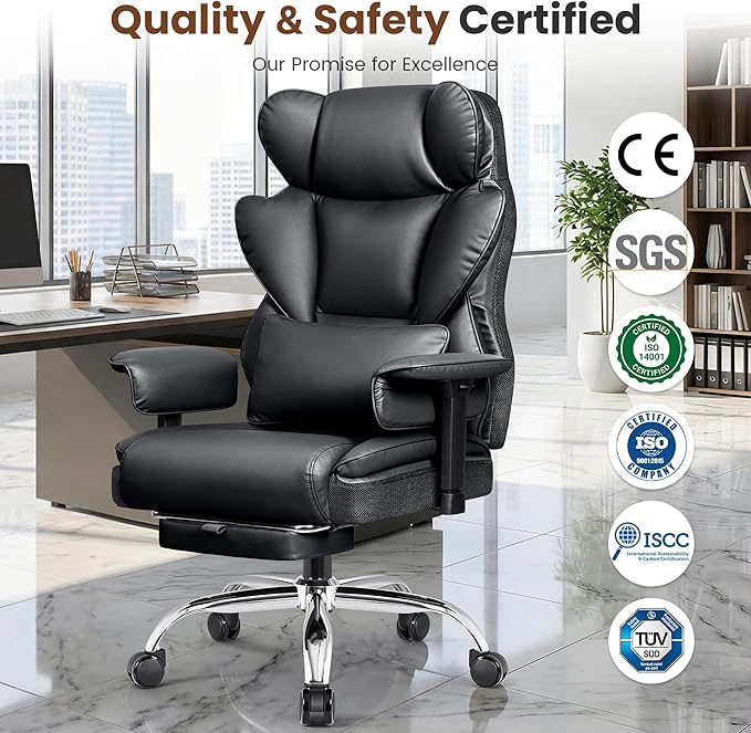 BESTFAIR Big and Tall Office Chair - Heavy Duty 400 LBS Executive Chair with Lumbar Support & Foot Rest, High Back Ergonomic Desk Chair, Padded Wide Seat Gaming Chair, Adjustable Armrests, Black