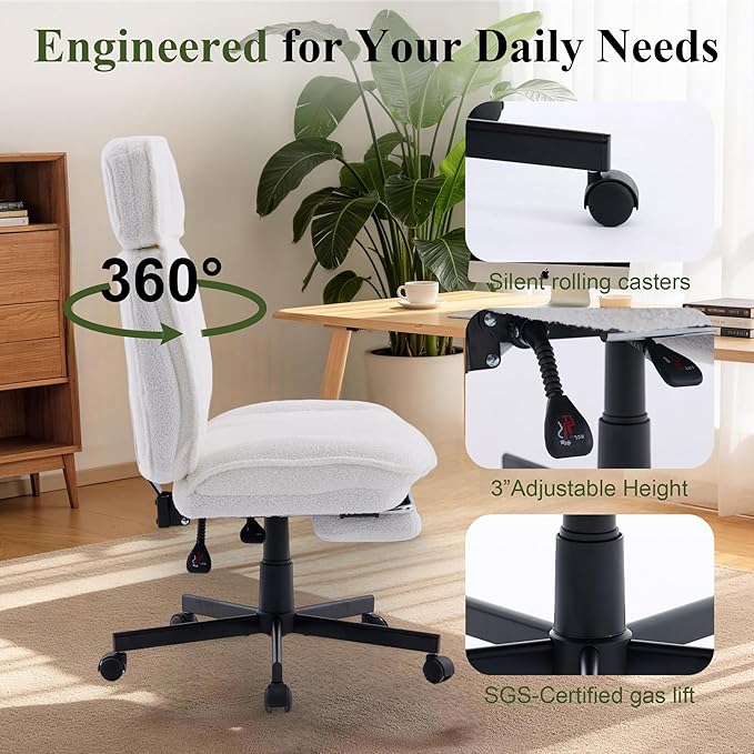 Criss Cross Chair with Wheels, Wide Seat Cross Legged Office Chair with Footrest, Adjustable Headrest & Reclining Backrest, Upholstered Ergonomic Desk Chair for Home Office, Gaming, Vanity (White)