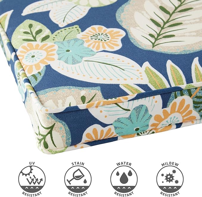 Outdoor 18 inch Square Patio Dining Chair Pads – Comfortable Fiber-Filled Seat Cushions with Ties, Reversible Polyester Fabric - Marlow Blue Floral, Set of 4