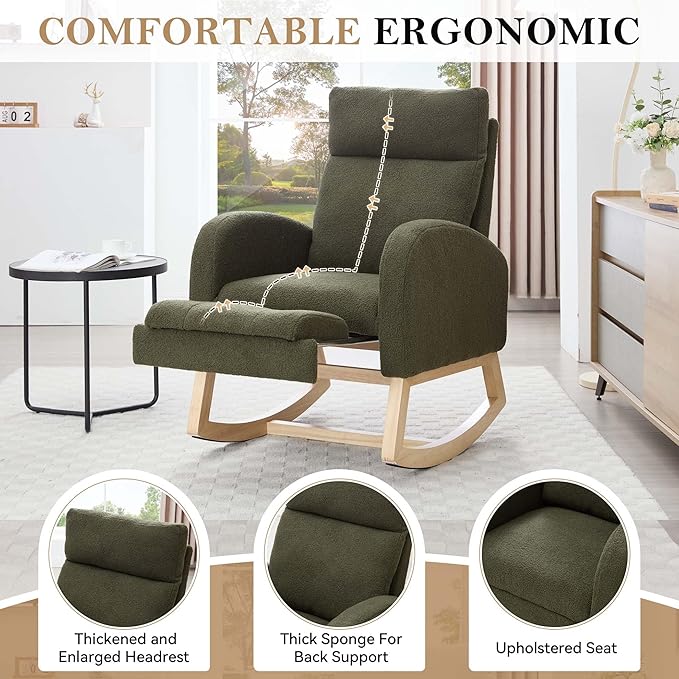 40" Teddy Nursing Rocking Chair, Nursery Chairs with Adjustable Foot Rest, High Backrest Upholstered Arm Chair with Side Pockets, Wood Rocking Chair for Living Room, Bedroom, Baby Room (Green)