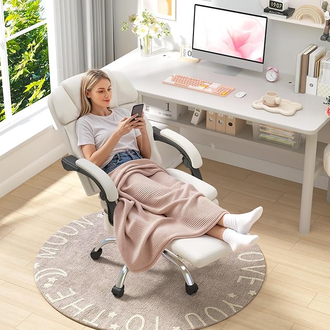 HOMREST 6-Point Massage Office Chair with Heat, Ergonomic Reclining Desk Chair with Footrest, Soft Chenille Fabric Executive Chairs for Home Office, Comfortable Computer Chair Gift for Women, Beige