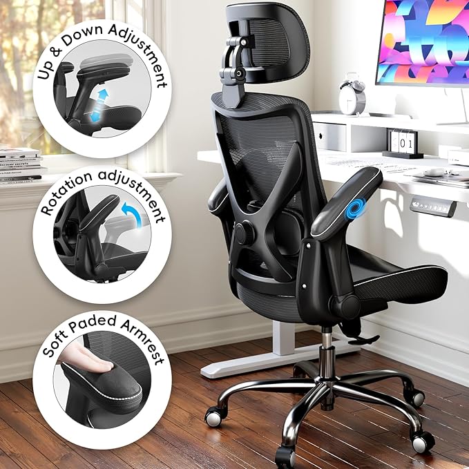Ergalithic Ergonomic Office Chair-Computer X-Shaped Chair Mesh PU Leather with Adjustable Lumbar Support-Executive Desk Chair High Back with Headrest Flip-Up Arms for Long Hours (Black)