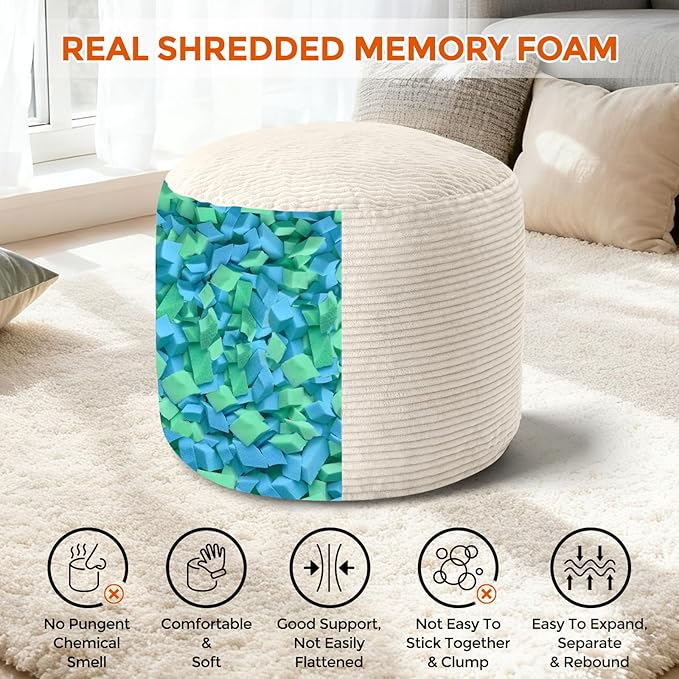 20" x 20" x 15" Pouf Ottoman Foot Rest, Pre-Stuffed Round Foot Stool with Odorless Shredded Memory Foam, Furry & Fluffy Corduroy Footrest for Living Room, Beige