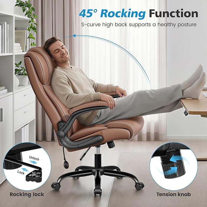Ergonomic Office Chair – High Back Leather Desk Chair with Adjustable Lumbar Support & Flip-Up Arms, Premium Padded Seat for Home Office Desk, Brown
