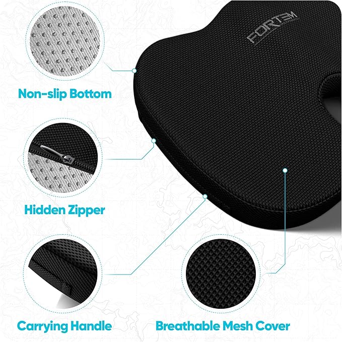 FORTEM Seat Cushion, Office Chair Cushion, Memory Foam Car Seat Cushions, Sciatica Coccyx Tailbone Pain Relief, Chair Cushions for Back Support, Sitting Pad for Gaming, Washable Cover, Non Slip, XL