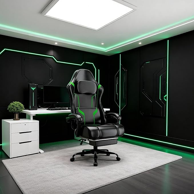 Ergonomic Gaming Chair, Video Game Chair with Pocket Spring Cushion and Footrest, Height Adjustable Computer Chair with Swivel Seat and Headrest (Green)