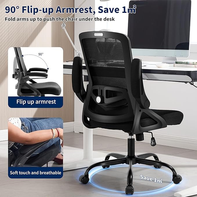 Ergonomic Office Chair, Desk Chair with Adjustable Lumbar Support, Breathable Mesh Comfy Computer Chairs with Flip-up Armrests Executive Task Chair for Adults Home Office (2Pcs)