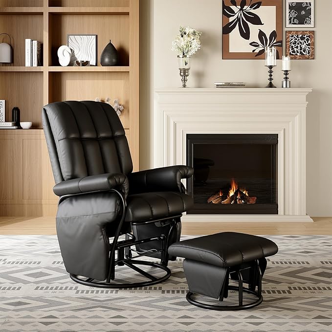 AODAILIHB 360° Swivel Glider Recliner with Ottoman, Nursing Glider Rocking Chair with Foot Rest & 2 Side Pockets for Nursery, Living Room, Bedroom, Office, Black