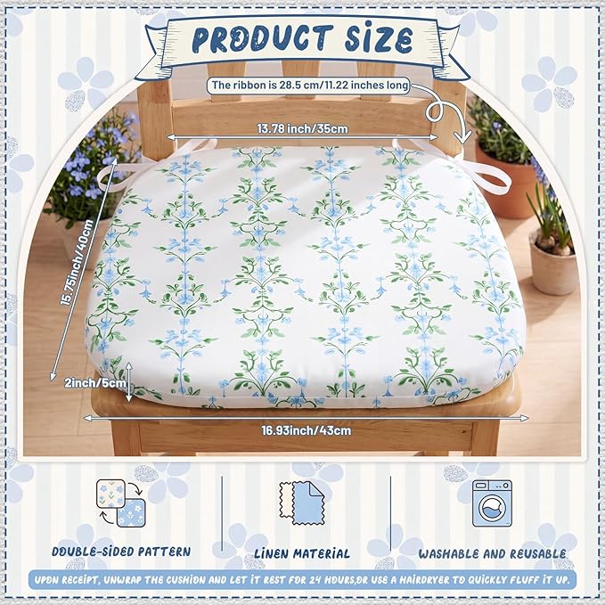 6 Pack Grandmillenial Chair Cushions for Dining Chairs 17" x 16" x 2" D-Shaped Breathable Blue and White Floral Linen Kitchen Chair Pads with Ties Washable Non Slip Seat Cushion