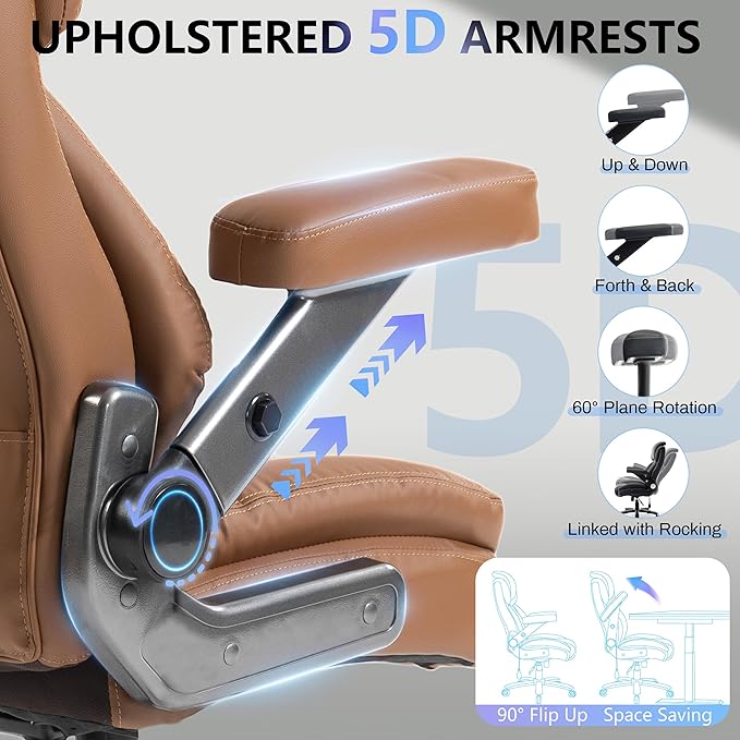 Big and Tall Office Chair 750lbs, Executive Office Chair with Adjustable Headrest&Lumbar Airbag Support, PU Leather High Back Heavy Duty Desk Chair 5D Flip Arms, Ergonomic Thick Spring Cushion, Brown