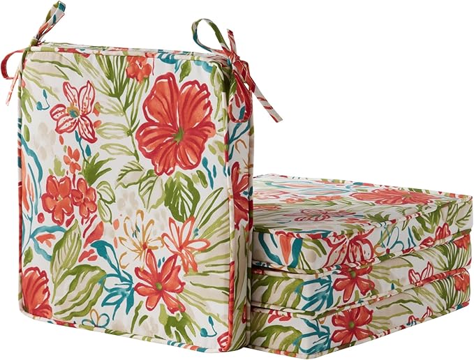 Outdoor 18 inch Square Patio Dining Chair Pads – Comfortable Fiber-Filled Seat Cushions with Ties, Reversible Polyester Fabric - Breeze Floral, Set of 4