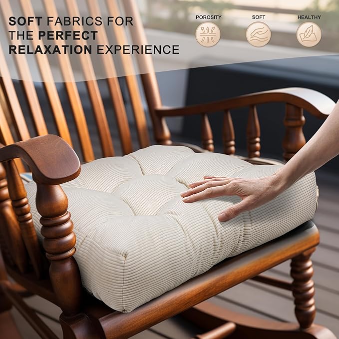 Lokex Rocking Chair Cushion Only,Tufted Non-Slip Comfortable Rocking Chair Cushions Indoor with Ties,Striped Rocking Chair Pads (White-S2064-1, 21x17/17x17)