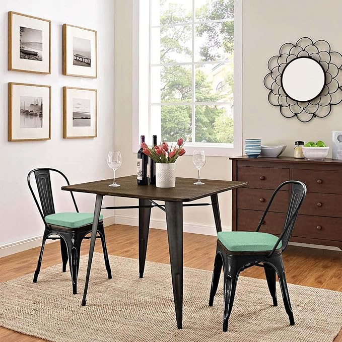 BUYUE Friendly Woven Fabric 14x14 Magnetic Cushions for Metal Chair Set of 4, Enhanced Anti-Slip Seat Pads for Dining Kitchen Café Stackable Chairs (U-Shape, Light Green, 4 Counts)