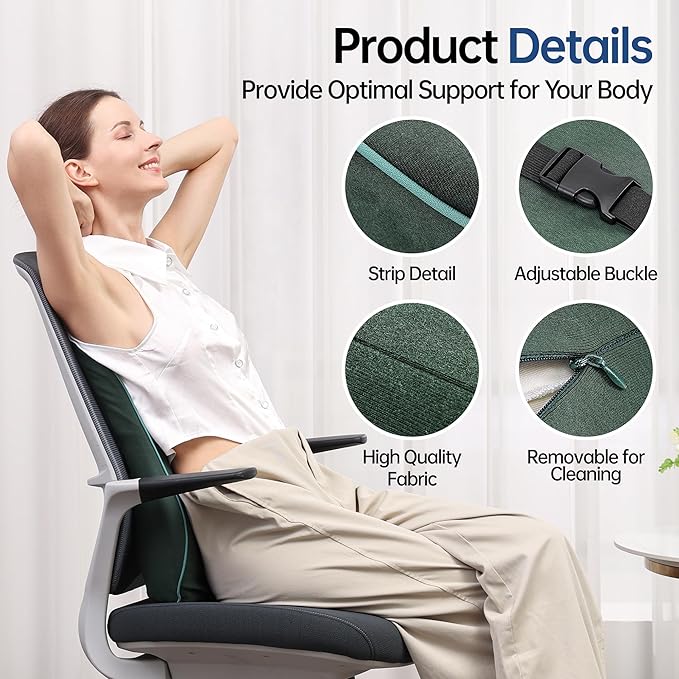 Lumbar Support Pillow for Office Chair Car Seat Gaming Chair, Memory Foam Back Support Pillow, Lumbar Cushion Back Cushion for Lower Back Pain Relief, Adjustable Strap Washable Cover-Dark Green