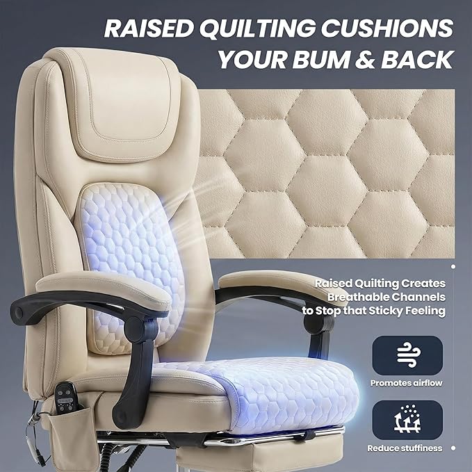MALOL Massage Office Chair Set of 2 with 3-Level Heat and Footrest – 20-Min Easy Assembly, 300 lbs Big and Tall Desk Chair, PU Leather Ergonomic Executive Computer Chair with Side Pocket, Beige