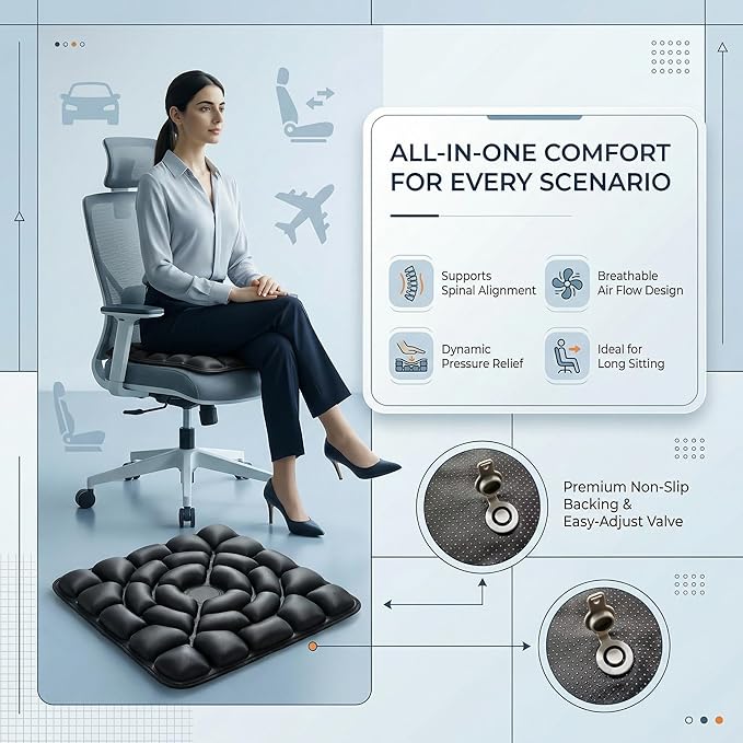 Inflatable Seat Cushion, Donut Cushion for Office Chair, Car & Wheelchair, Ergonomic Pressure Relief for Tailbone & Sciatica, Adjustable Firmness, Non-Slip Seat Pad for Long Sitting