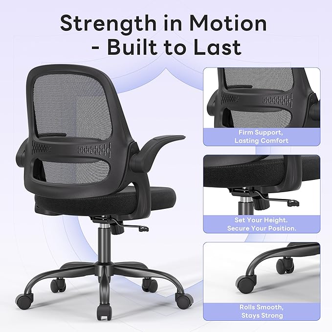 amseatec Ergonomic Mesh Office Chair, Flip-Up Arms, Adjustable Height, Breathable Mesh Back & Thick Cushion Seat, 360 Swivel Rolling Computer Desk Chair, BIFMA Certified, Supports 300 lbs, Black