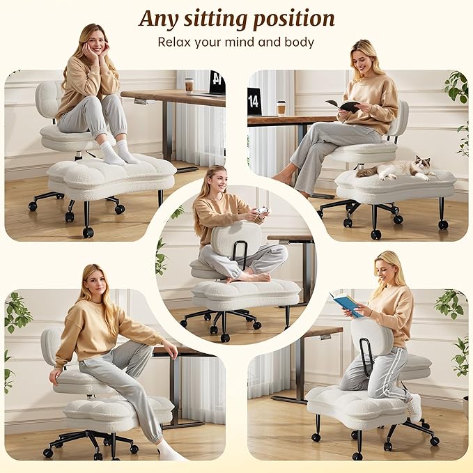 DurayLoly Ergonomic Office Chair, 360° Swivel Meditation Chair with Wheels, Height Adjustable Office Chair with Foot Rest for ADHD, Thicken Cushion & Backrest, Teddy Fabric, Off-White