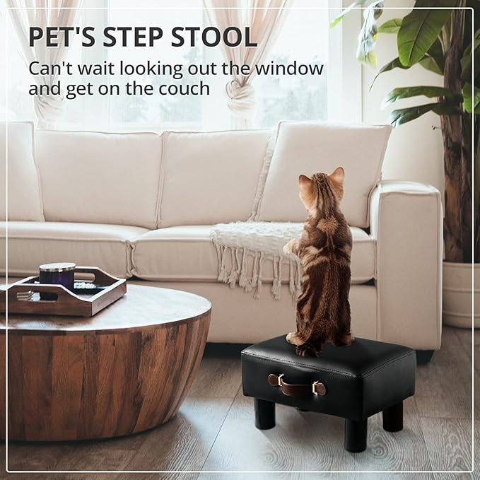 Small Foot Stool with Handle, Black PU Leather Short Foot Stool Rest, Rectangle Storage Foot Stools Ottoman with Plastic Legs, Padded Footstool Small Step Stool for Living Room, Office, Desk, Patio