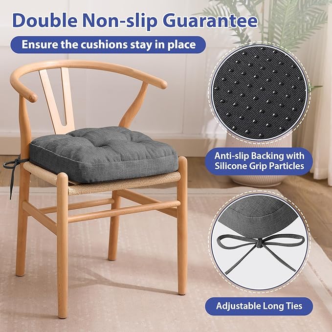 IASEAHK Chair Cushions for Dining Chairs, Dining Chair Cushions, Tufted Indoor Chair Pads with Ties & Non Slip Backing, Seat Cushions for Kitchen Chairs 16.5” x 16.5” x 3.5”, Set of 6, Grey