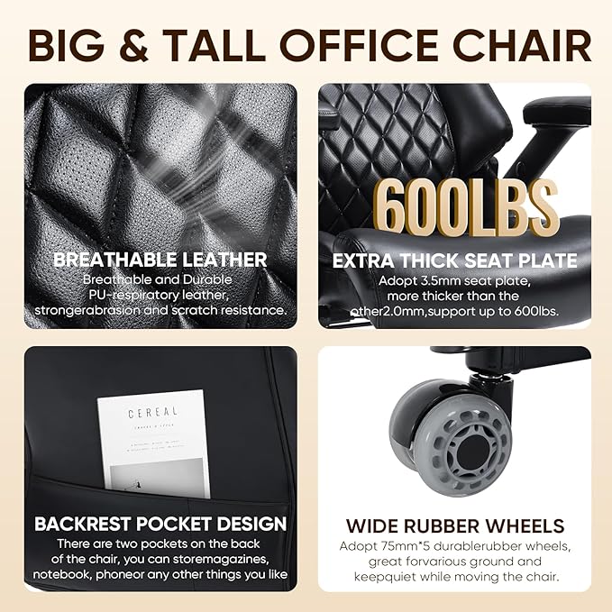 600 Lbs Big and Tall Office Chair, Plus Size Ergonomic Desk Chair with 6D Adjustable Flip Arms, Wide Comfortable Computer Chair with Adjustable Lumbar Support & Dual Rubber Wheels