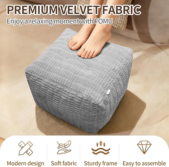 Pouf Ottoman, Soft Corduroy Pouf, Poofy Ottoman Foot Rest，Poufs for Adults, Poofs & Ottomans Furniture, Floor Poof-Chair for Living Room & Bedroom(1PC, Light Grey, 22"×22"×14")