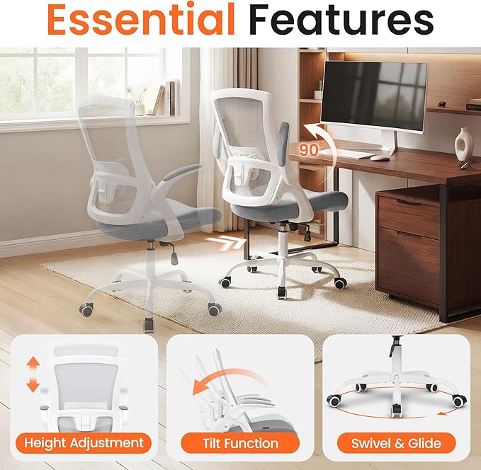 NEO Chair Office Chair High Back Desk Mesh Chair Comfy Computer Gaming Seat with Adjustable Ergonomic Lumbar Rolling Flip-up Armrests and Wheels (Grey)