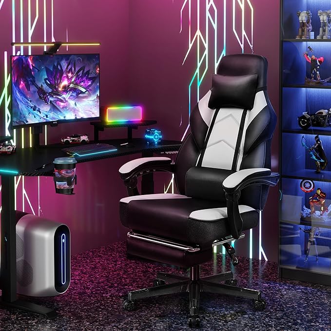 Big and Tall Gaming Chair for Adults, Heavy Duty Computer Chair with Footrest, Video Game Chair, Massage Lumbar Support, Wide Seat High Back Reclining Desk Chair, White