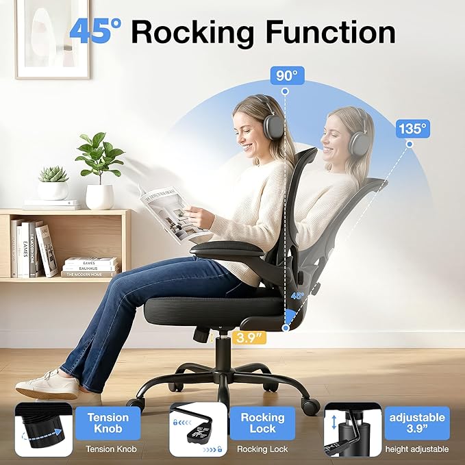 ALLGOD Ergonomic Office Chair, Breathable Mesh Ergonomic Desk Chair with Adjustable Lumbar Support, Flip-up Armrests, Computer Chairs Comfortable for Home, Office, Work, 300lbs, Black, Upgrade